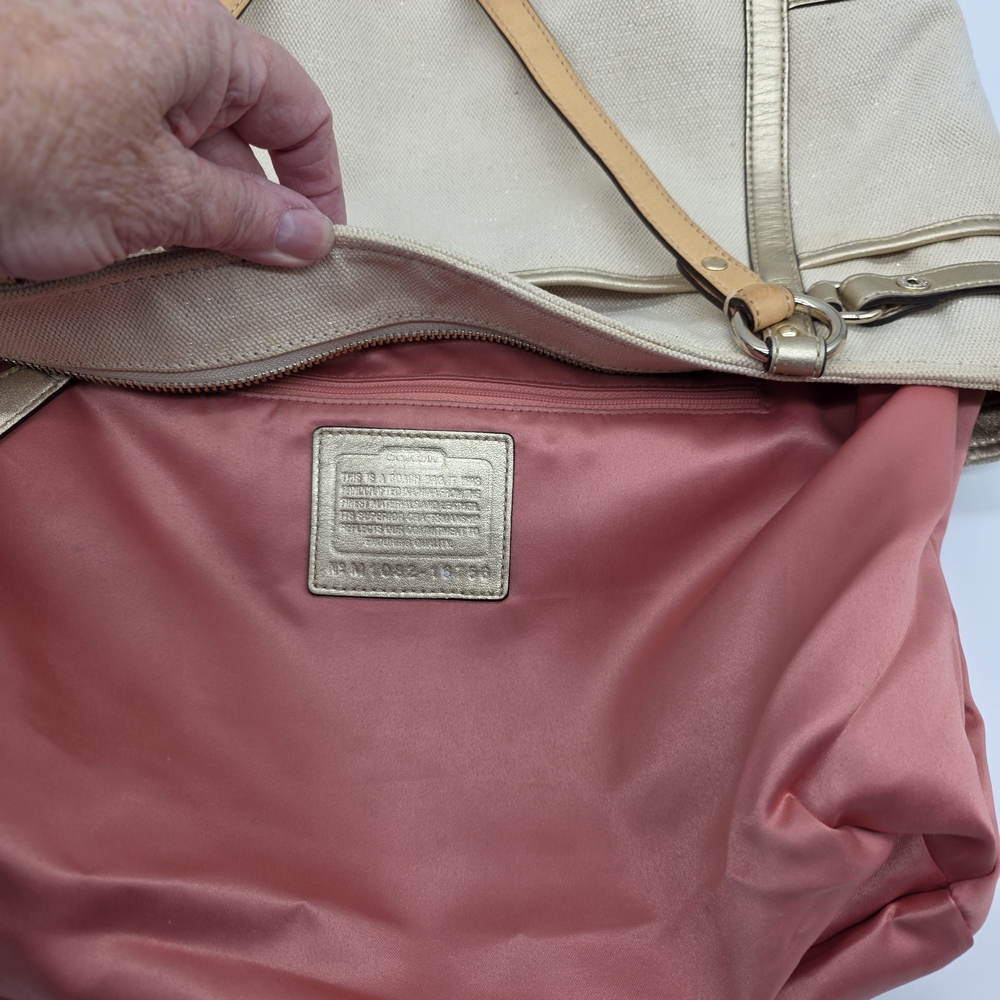 COACH Natalie Metallic Gold Bag Beige Cream Canvas Leather Tote Purse Bag 16756 - Picture 9 of 13